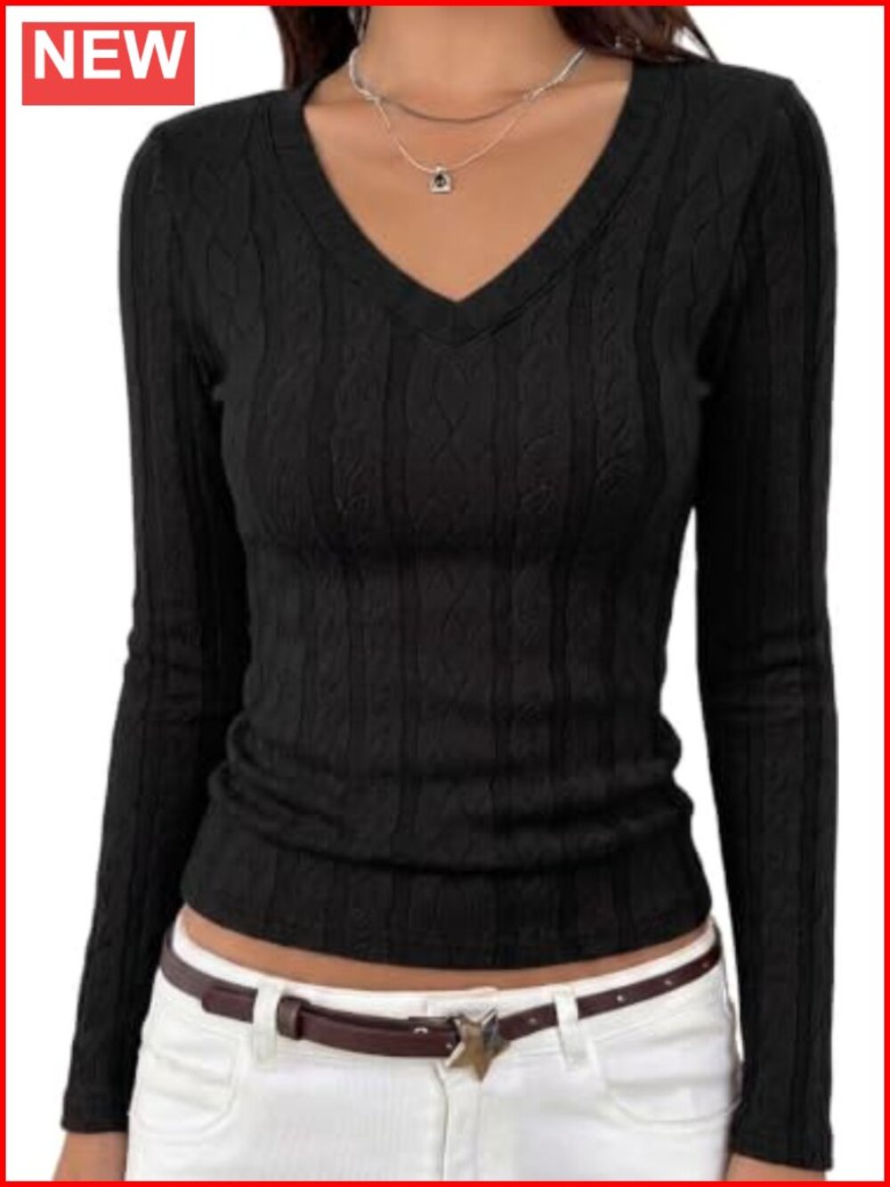 MEROKEETY Womens Cable Knit V-Neck Long Sleeve Top Business Casual